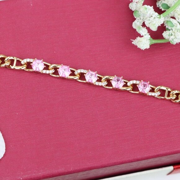 "Rose Gold Pink Hexagon CZ Chain Bracelet with Sparkling Accent Links, XPBL0749 - Picture 1 of 12